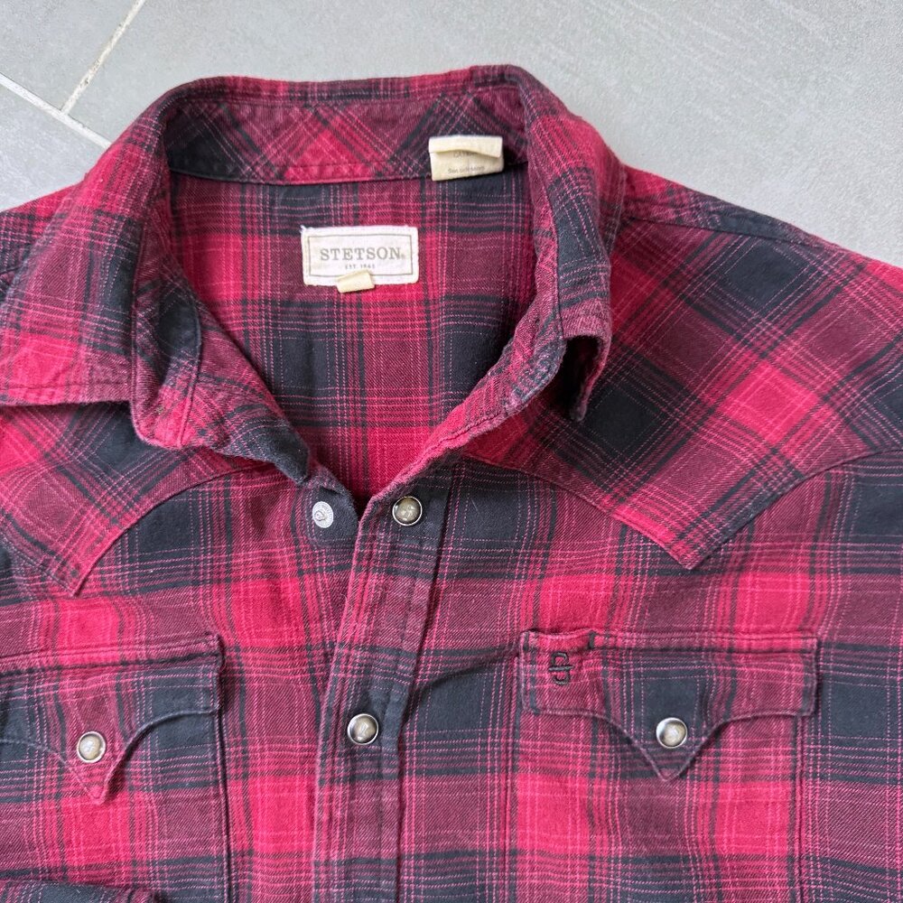 Stetson Red Black Plaid Western Pearl Snap Shirt sz Medium